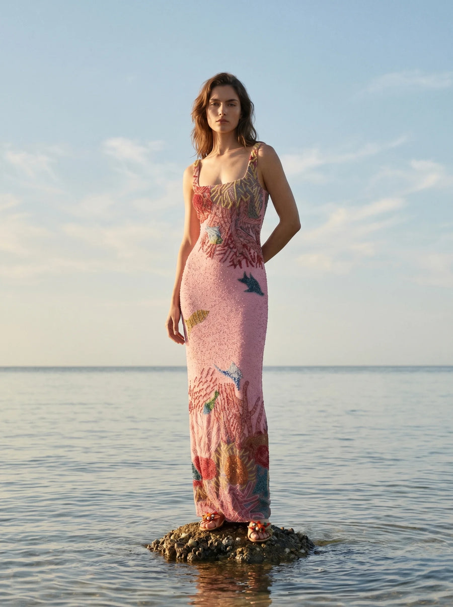 Oceanic Bloom Pink Maxi Dress