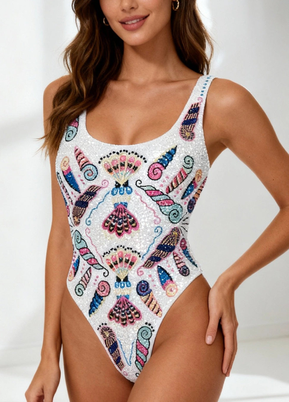 Oceanus x Zandra Rhodes Dreamshell Swimsuit White