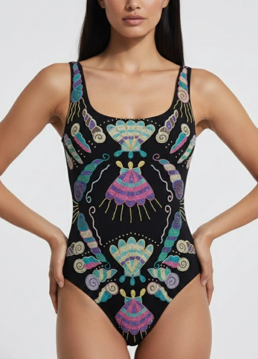 Oceanus x Zandra Rhodes Dreamy Dreamy One Piece Shell Swimsuit Black