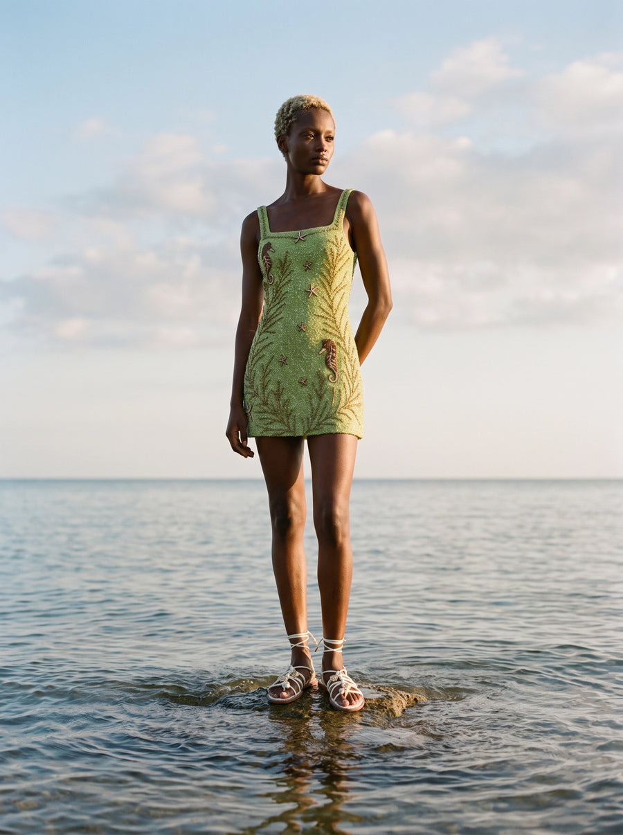 Coastal Hand Beaded Embroidery Mini Dress Green