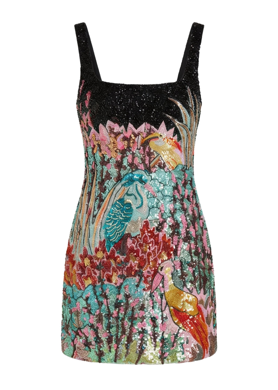 Multicolored sequin dress with parrot and floral pattern on a white background