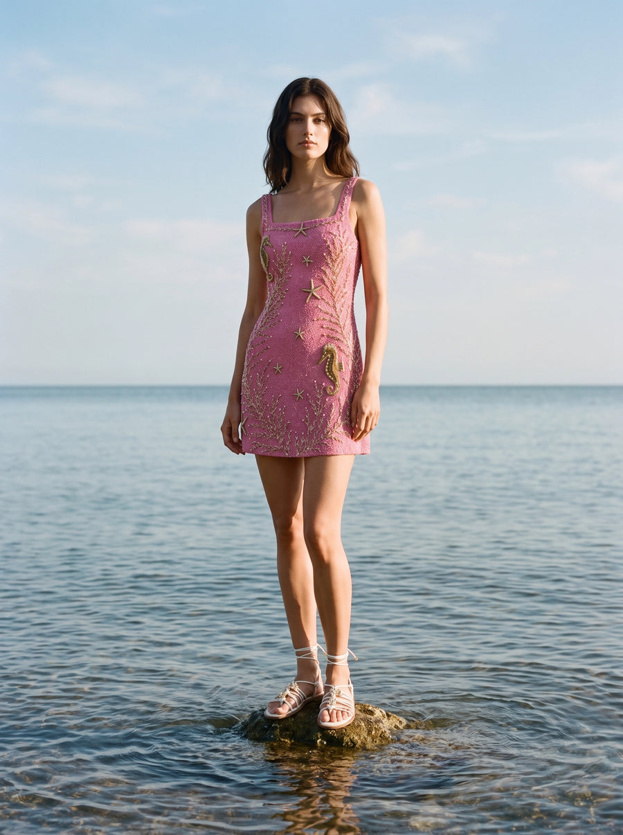 Coastal Hand-Beaded Embroidery Mini Dress Pink