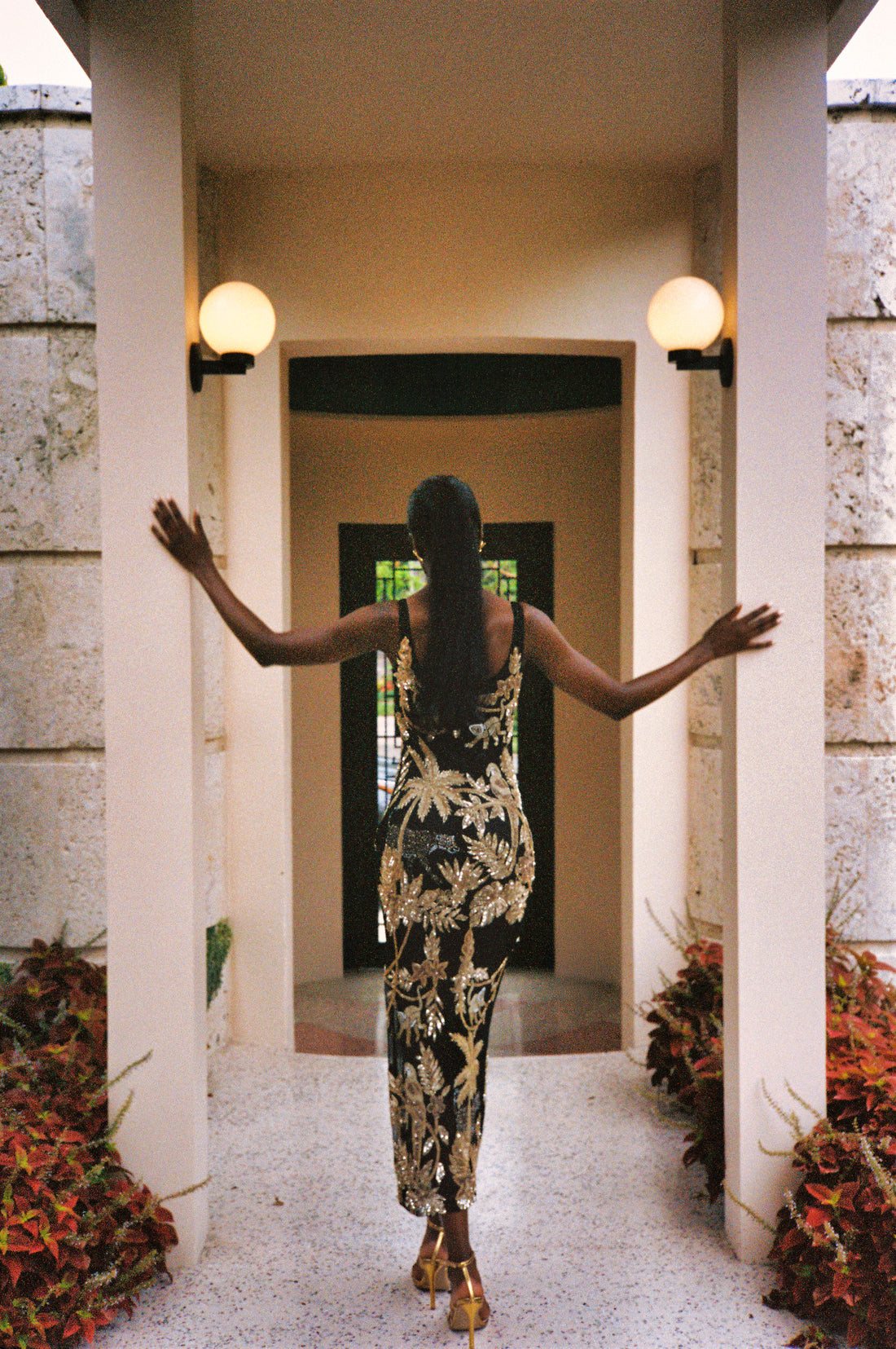 Tropica Black Gold Mesh Hand Beaded Maxi Dress