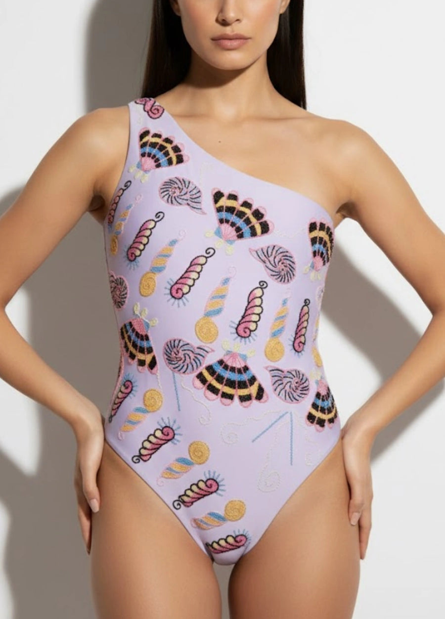 Oceanus x Zandra Rhodes Nebula One Shoulder Swimsuit Purple