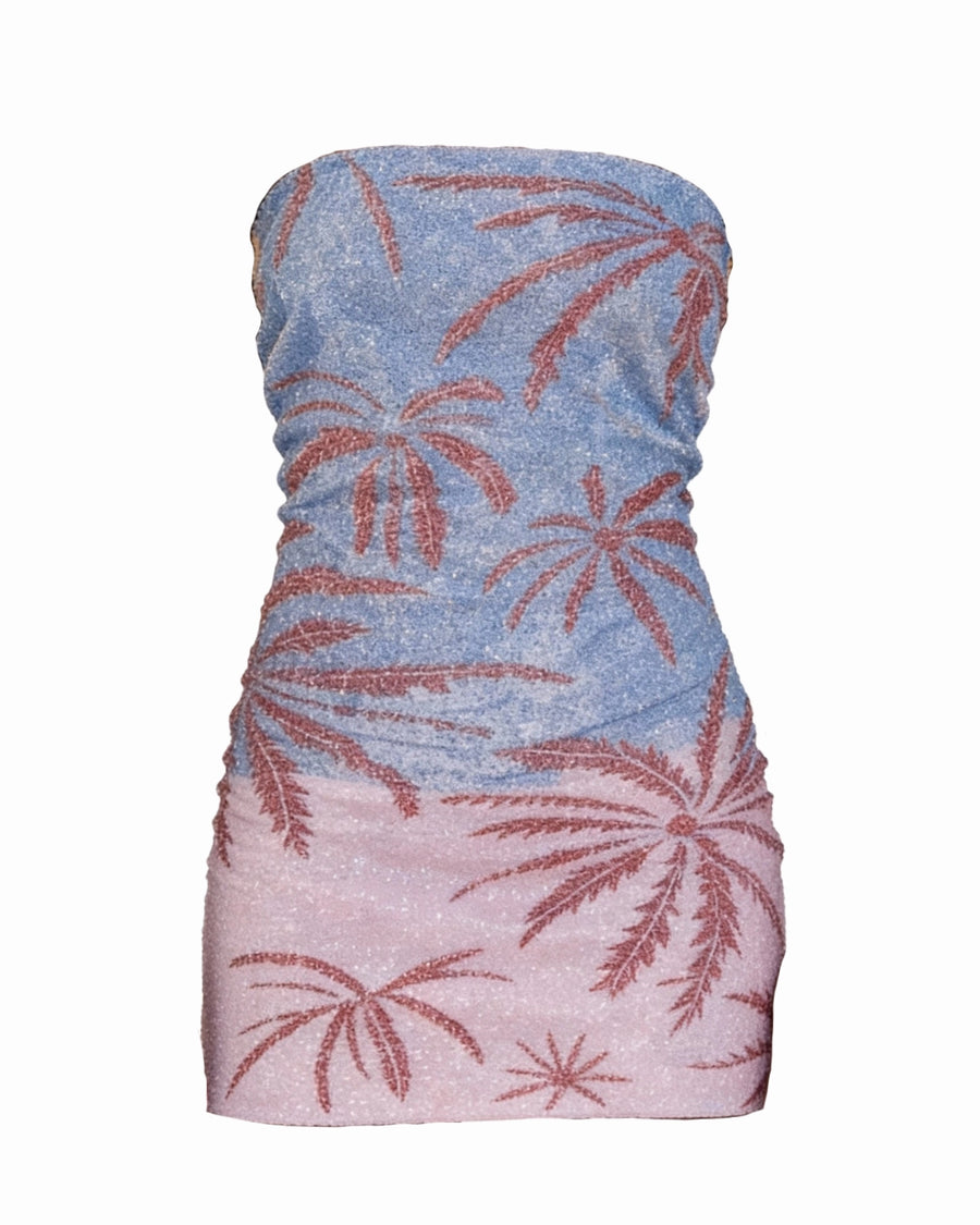 Tube top with palm tree pattern on a white background