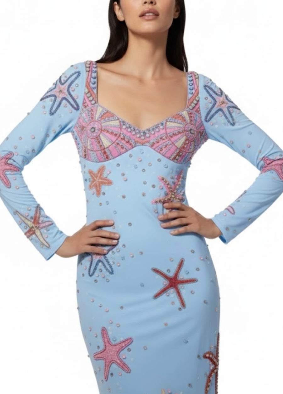 Crescent Shell Bell Sleeve Dress - Blue