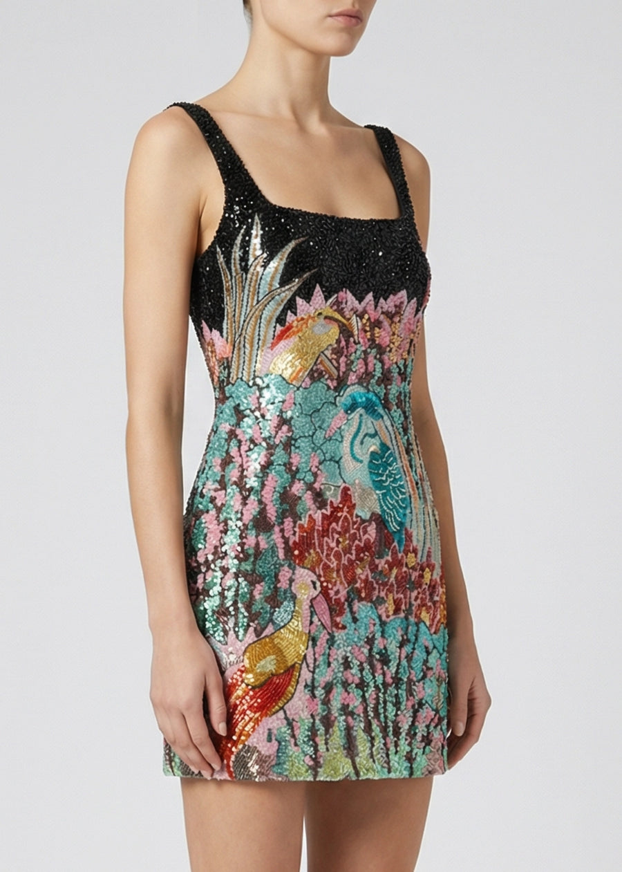 Multicolored sequin dress with floral and bird design on a plain background