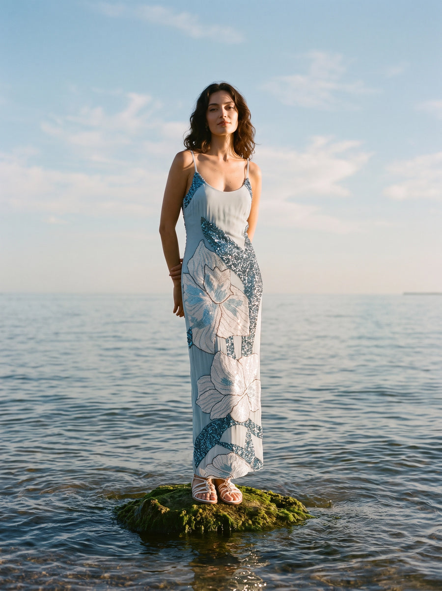 Delilah Beaded Dress Blue Oceanus x By Poppy in Stock
