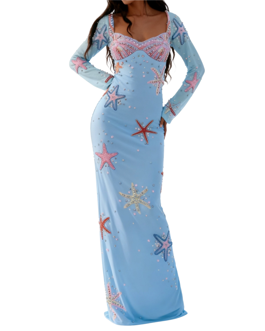 Crescent Shell Bell Sleeve Dress - Blue