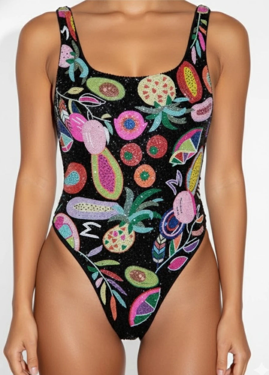 Carmensita Hand-beaded One Piece Swimsuit Black Christina Milian