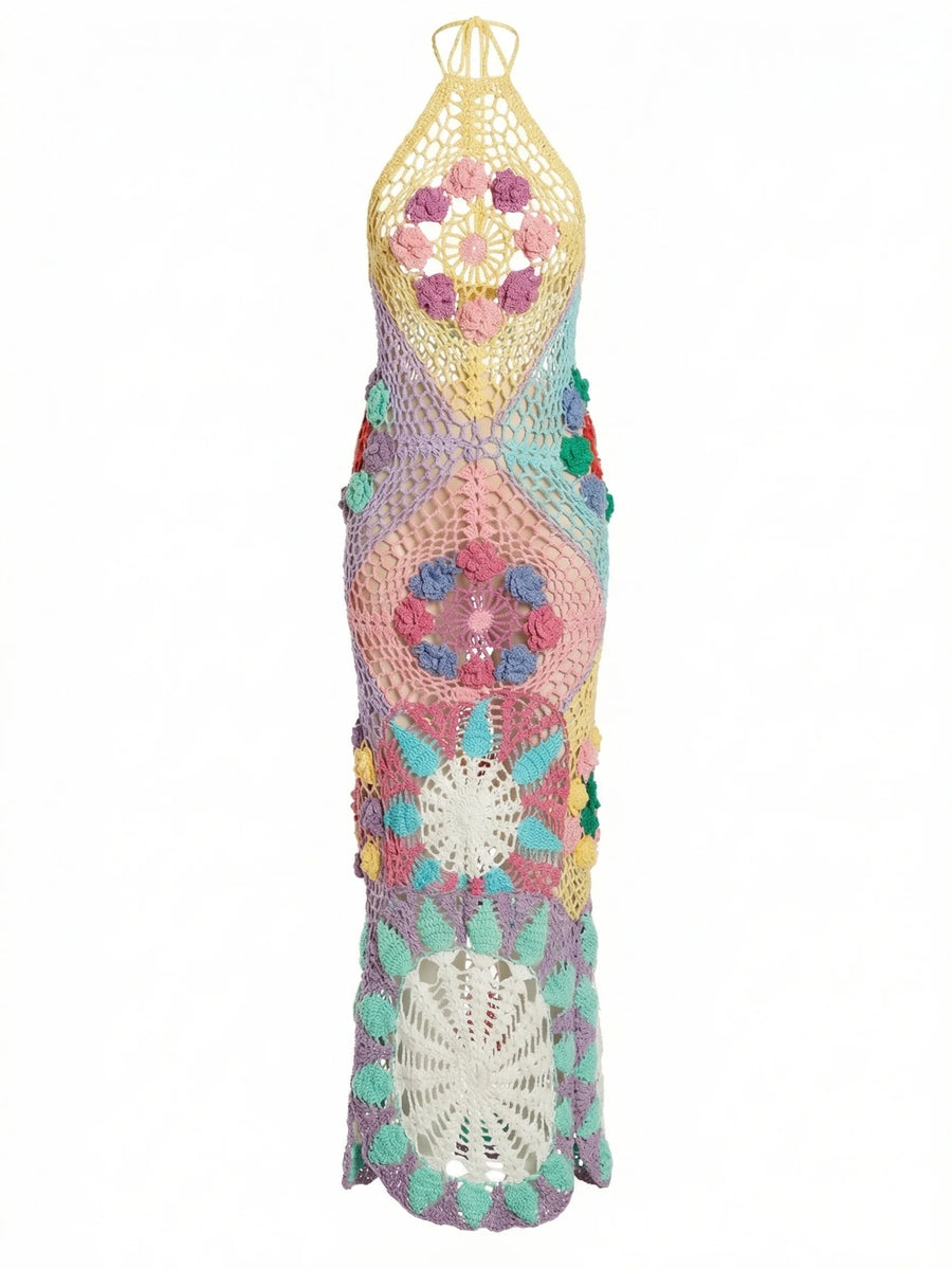 Rowan Halter Maxi Crochet Dress Multi, M / Pink