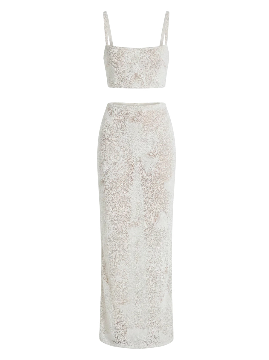 Hazel Beaded Powermesh Jellyfish Maxi Skirt- White