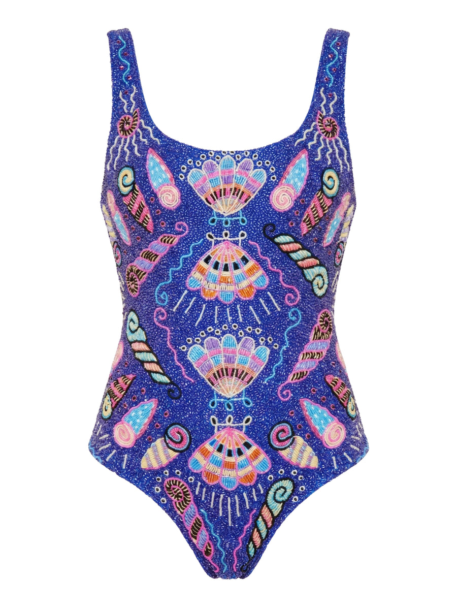 Oceanus x Zandra Rhodes Dream Shell Hand Beaded Swimsuit Purple