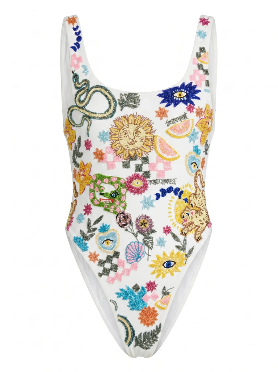Sunny Snake Beaded Swimsuit in White