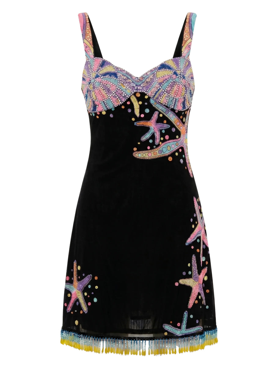 Tasseled Crescent Shell Mini Dress - Black