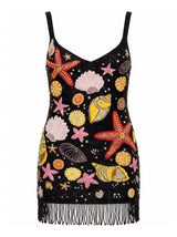 Siren Shores Black Tasseled Hand Beaded Mini Dress