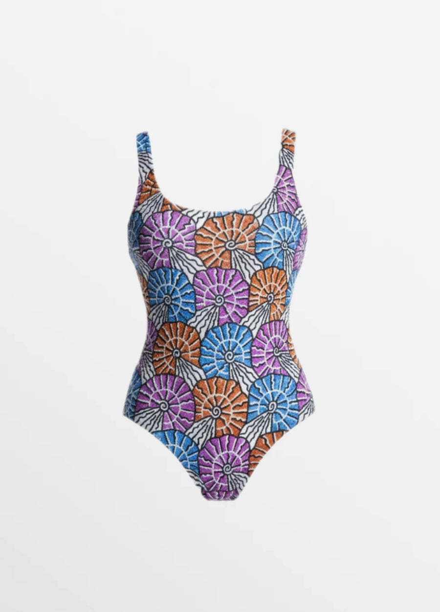 Oceanus x Zandra Rhodes Swirlshell Beaded One Piece in Multi