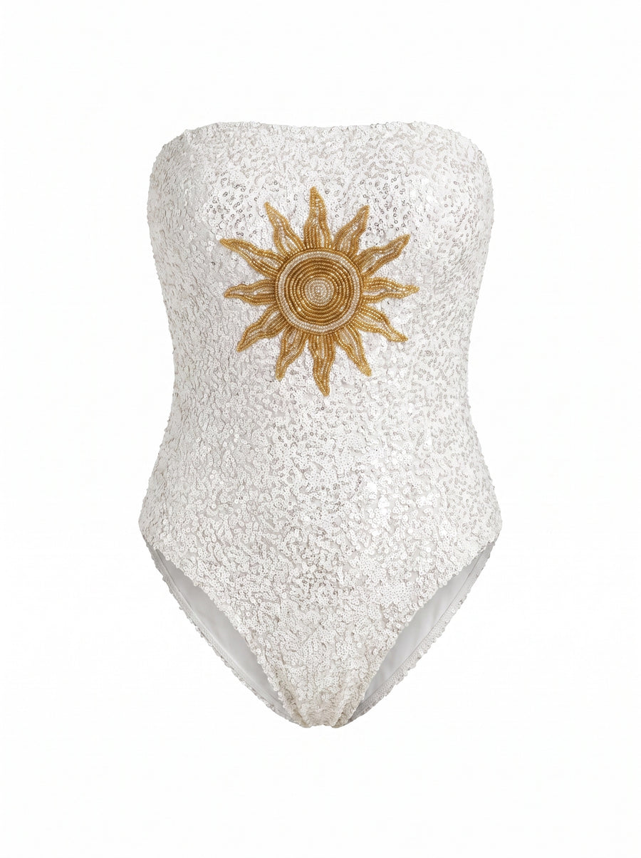 Sun Sequin White Strapless Swimsuit