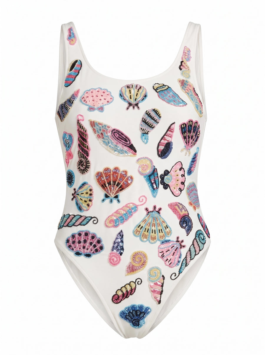 Oceanus x Zandra Rhodes Dreamshell Half Beaded White Swimsuit