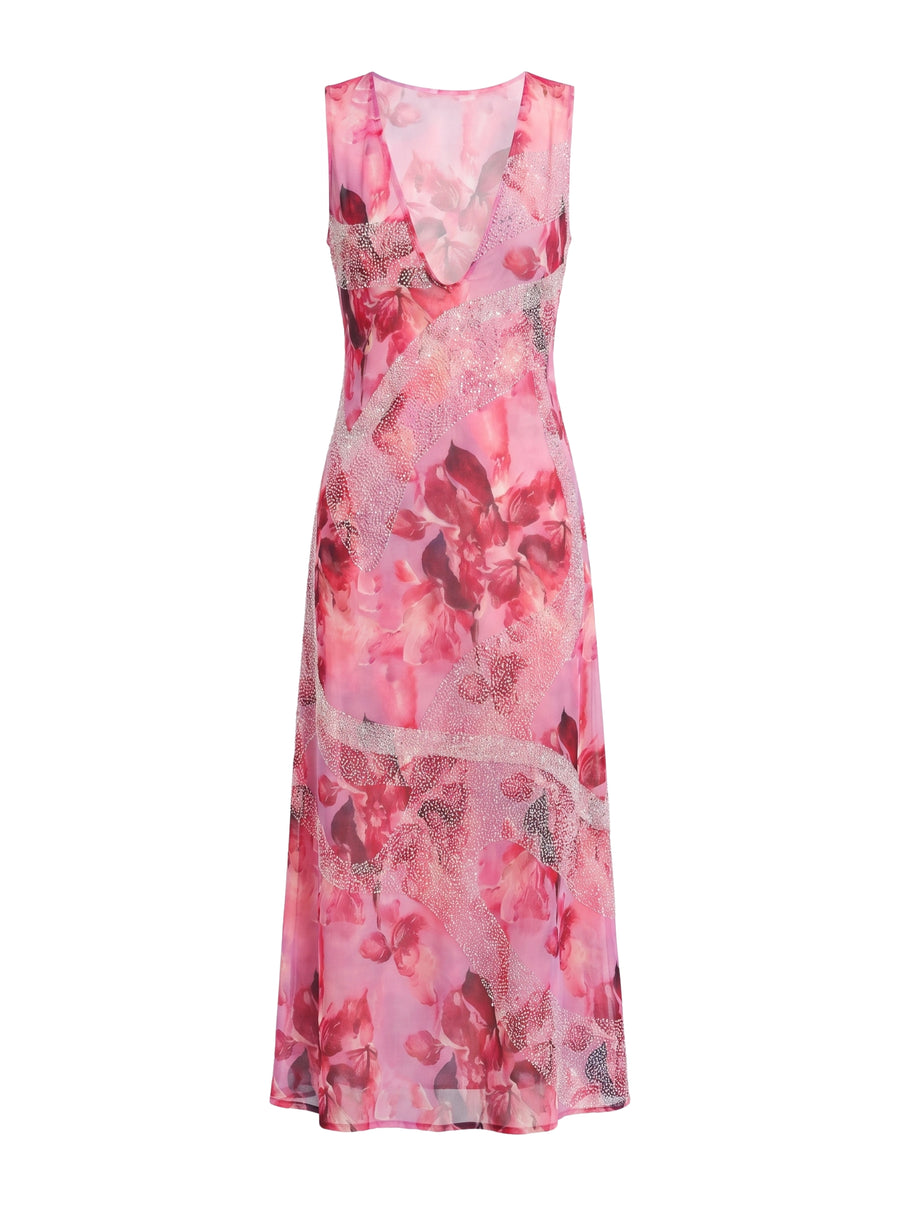 Red Pink Flower Pearl Long Dress