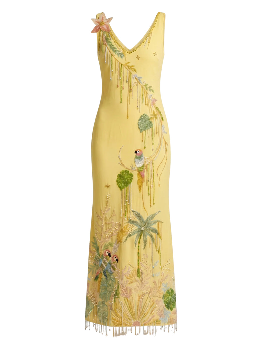 Tropical Flower Yellow Maxi Dress