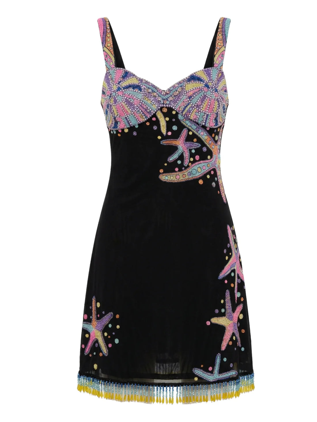 Tasseled Crescent Shell Mini Dress - Black