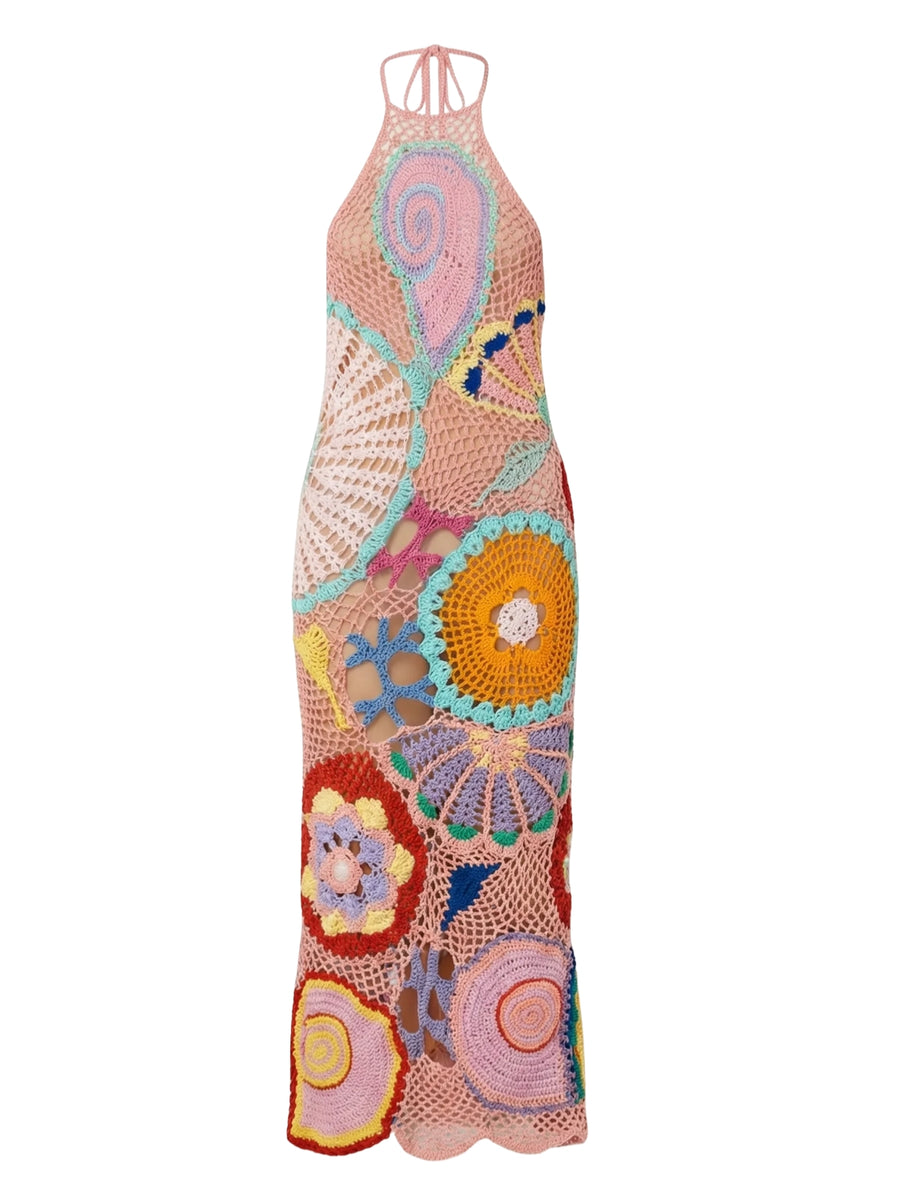 Kaia Crochet Coral Multi Maxi Dress, L / White