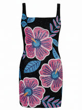Royal Hibiscus Black Beaded Mini Dress