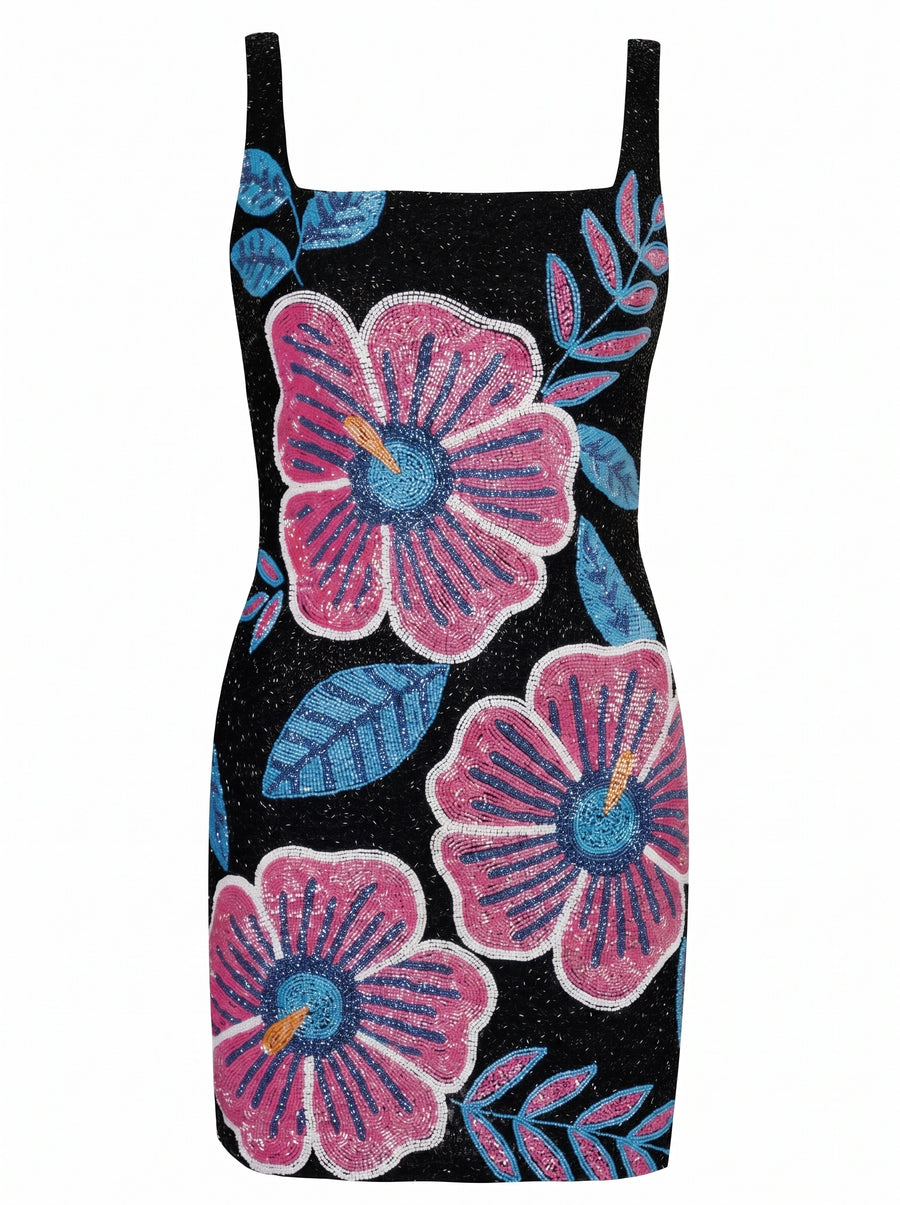 Royal Hibiscus Black Beaded Mini Dress