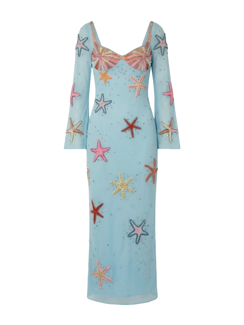 Crescent Shell Bell Sleeve Dress - Blue in Stock