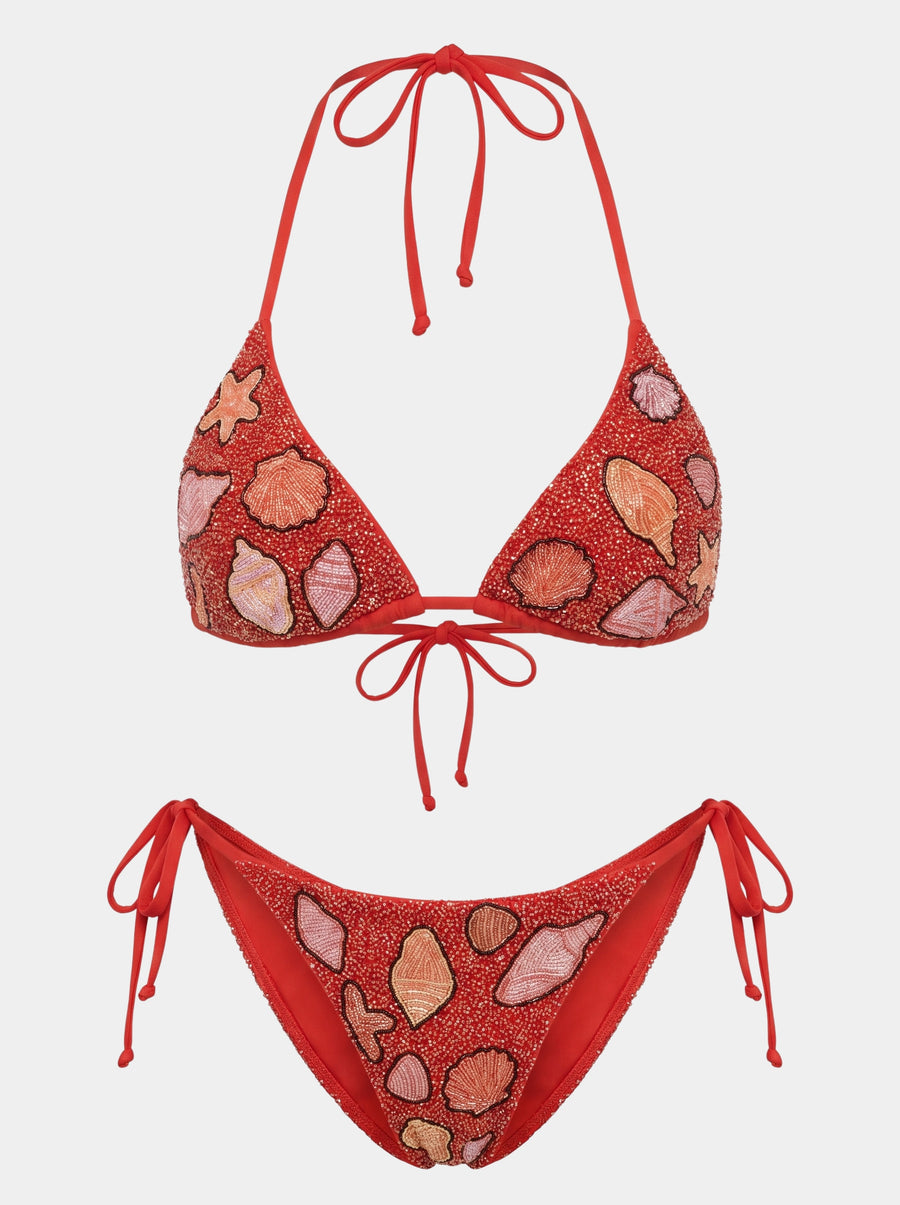 Seashell Red Hand-Beaded Bikini Red