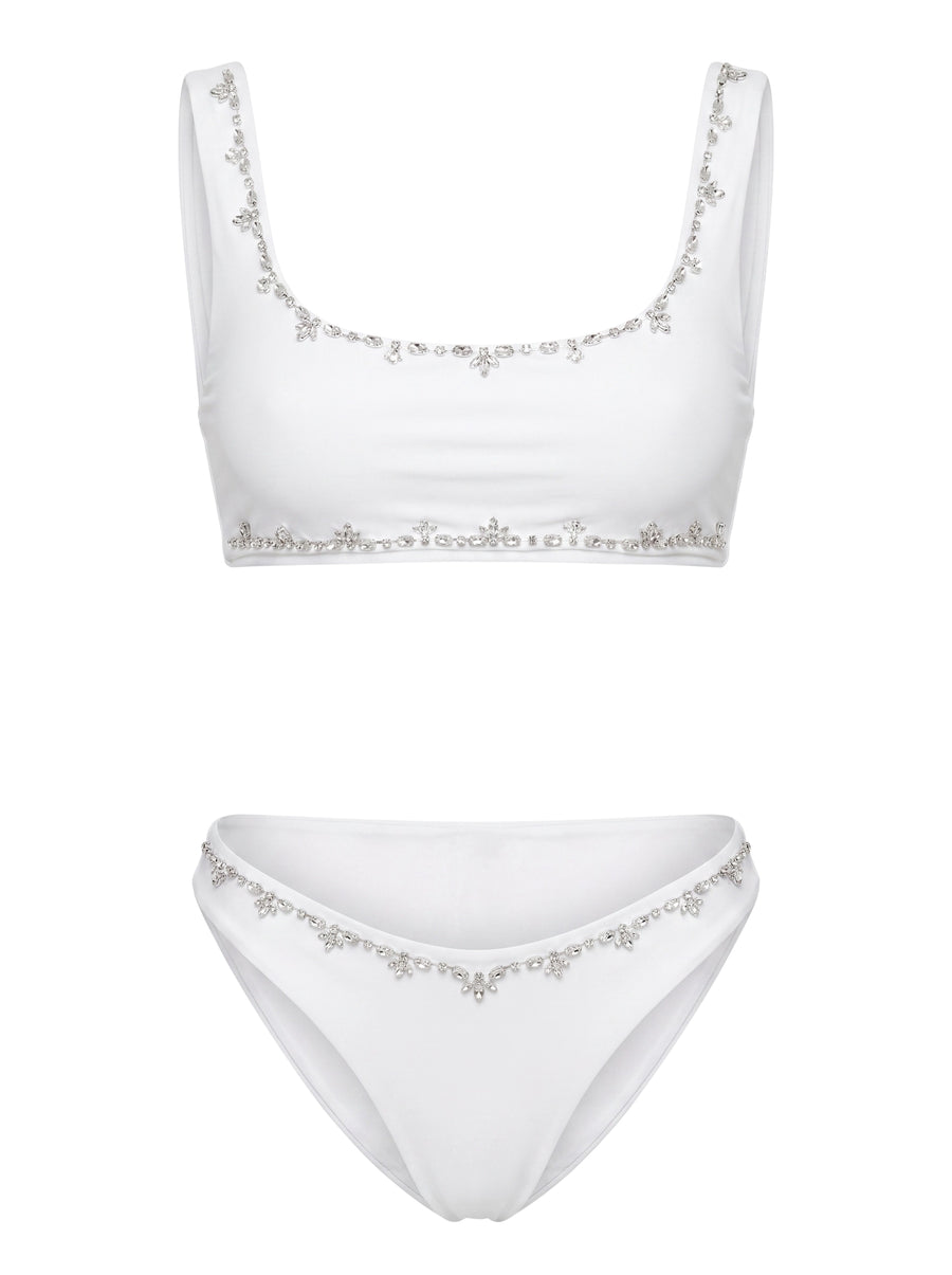Aaliyah Hand Beaded Crystals Bikini Top White