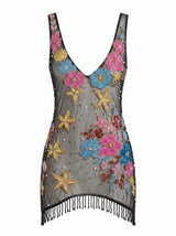 Flower Starfish Tasseled Black Sheer Mini Dress