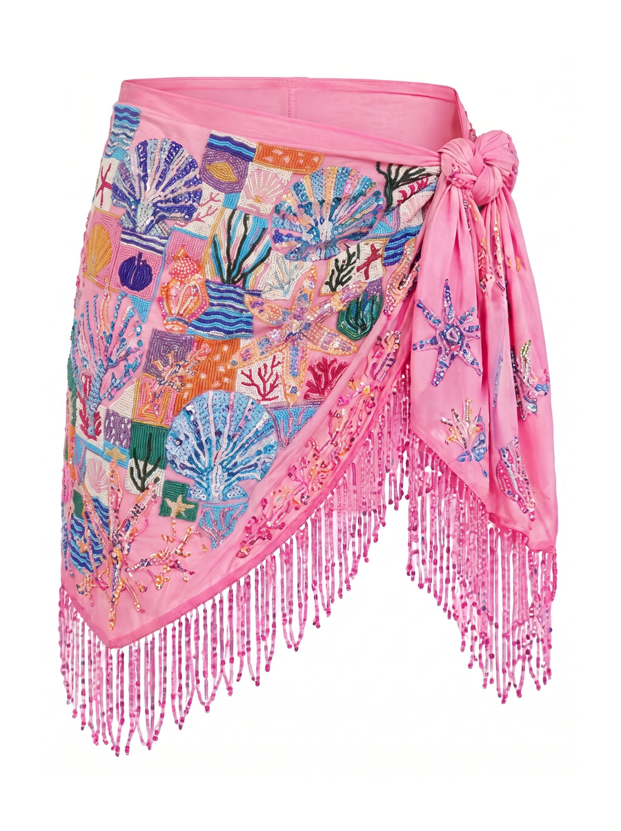 Starfish Mosaic Tasseled Pink Mini Sarong