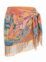 Ocean Boat Tasseled Orange Embroidered Sarong