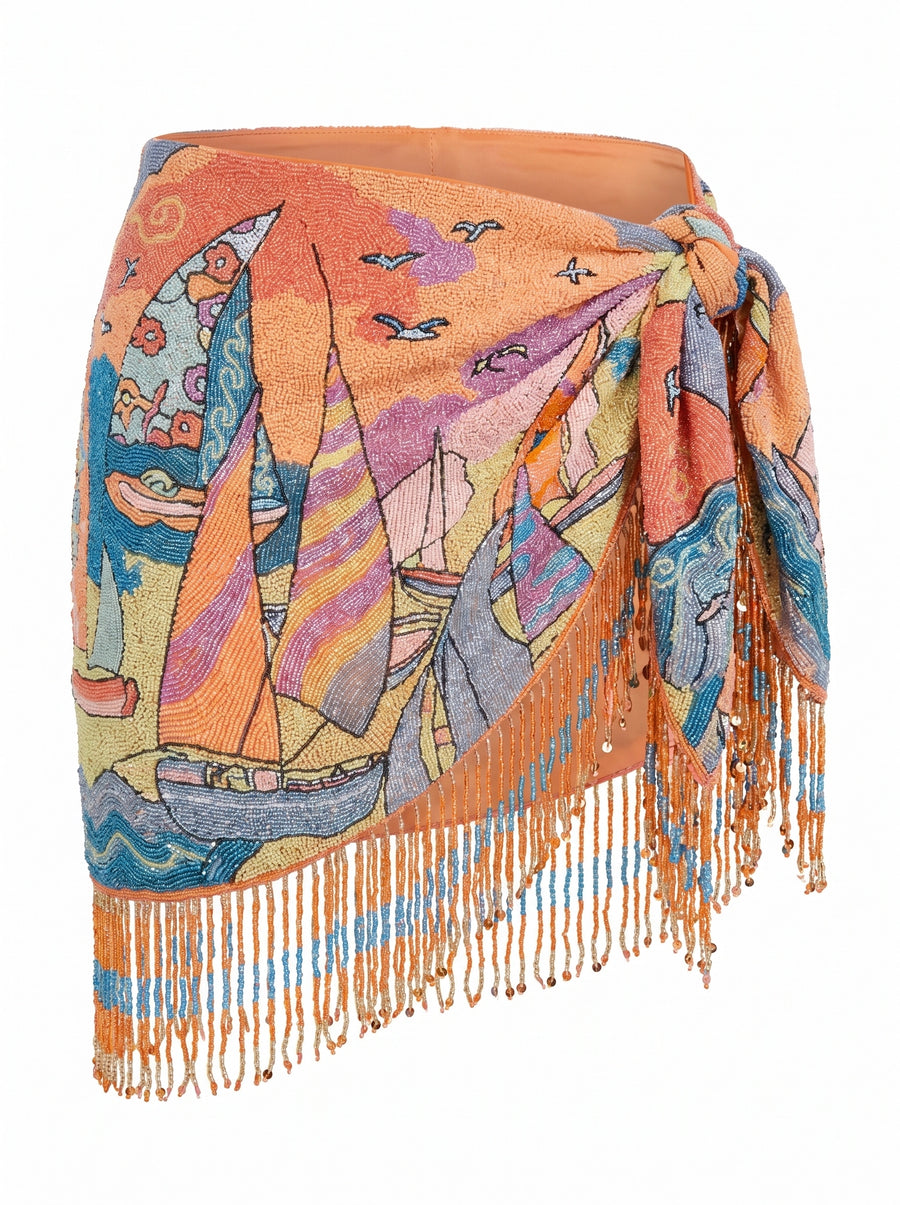 Ocean Boat Tasseled Orange Embroidered Sarong