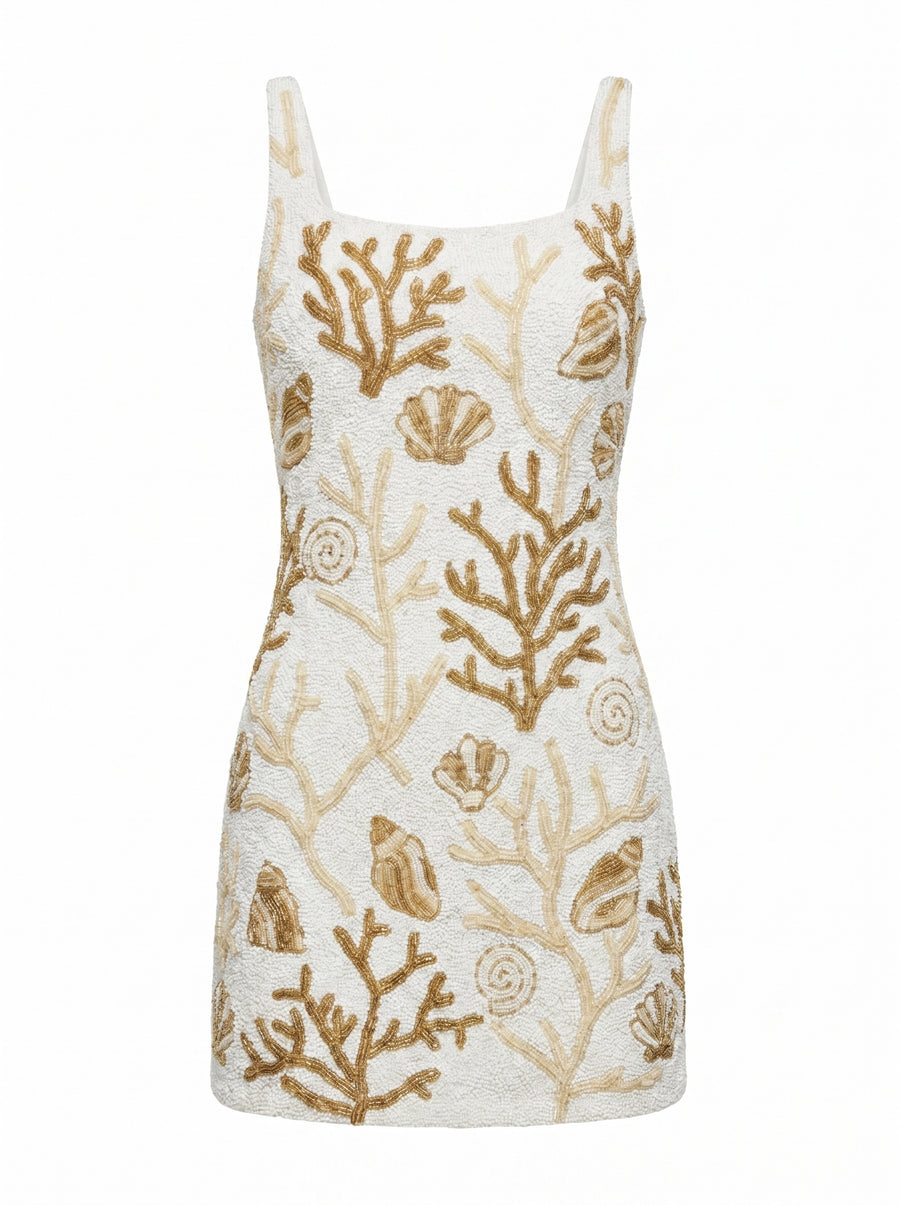 Ocean Treasure White and Gold Beaded Mini Dress