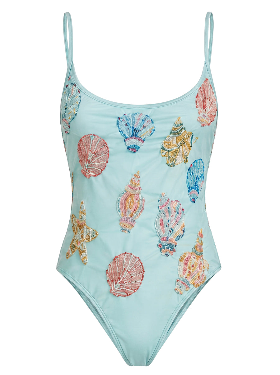 Shell and Starfish Sky Blue Hand-Beaded Swimsuit