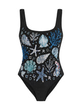 Deep Coral Sea Black Hand-Beaded Swimsuit