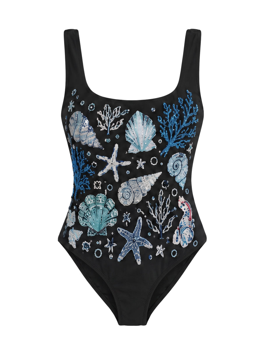 Deep Coral Sea Black Hand-Beaded Swimsuit