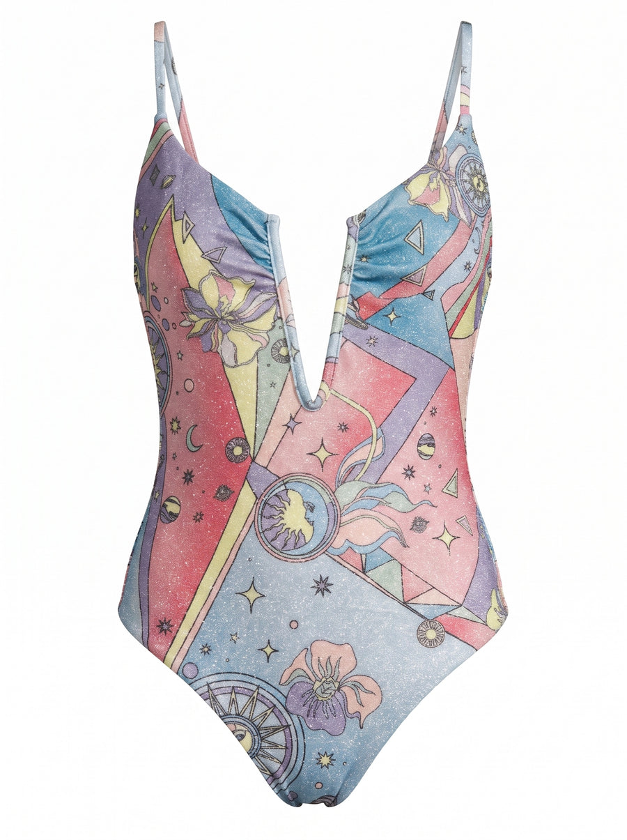 Multicolour Mosaic V-Neck Swimsuit