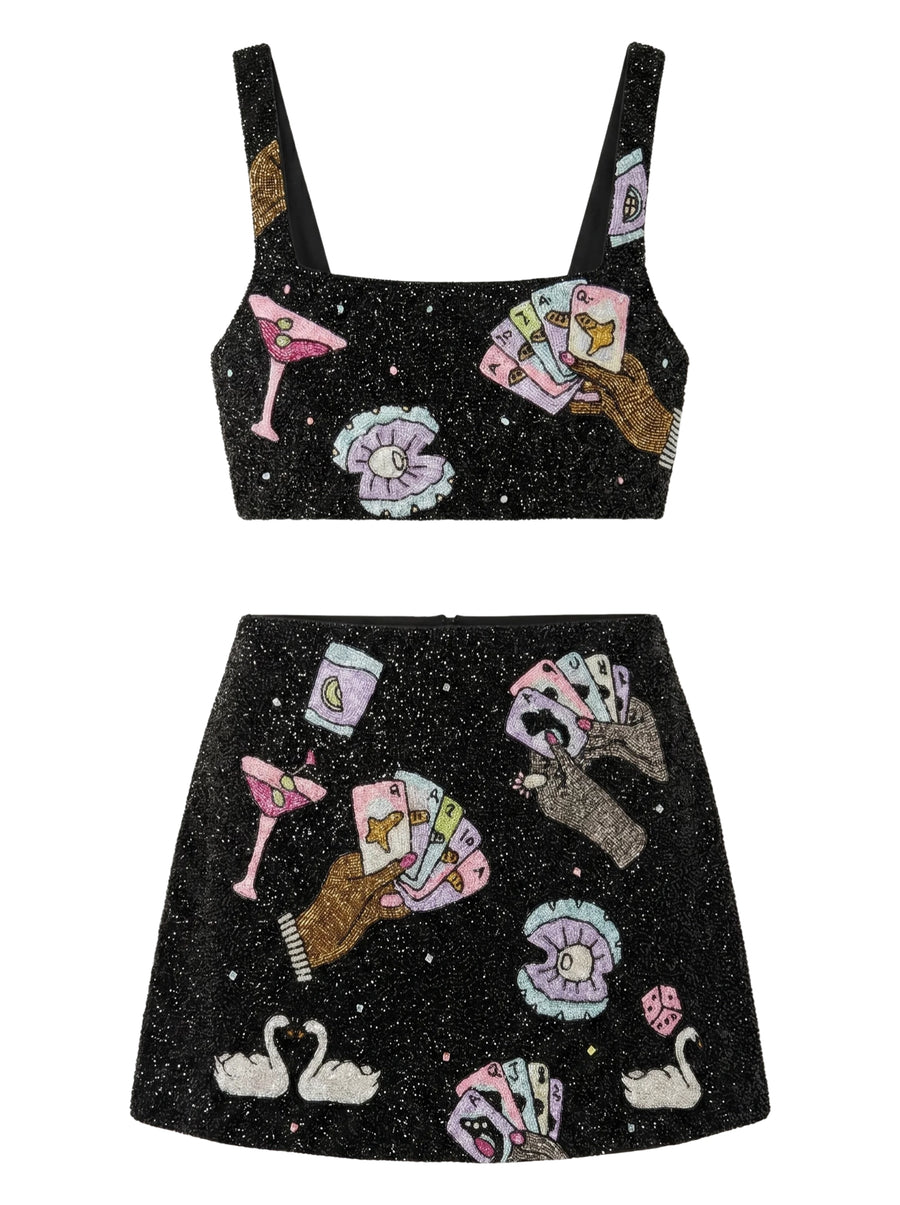 Vegas Beaded Mini Black Party Beach Co-ord Top in Stock