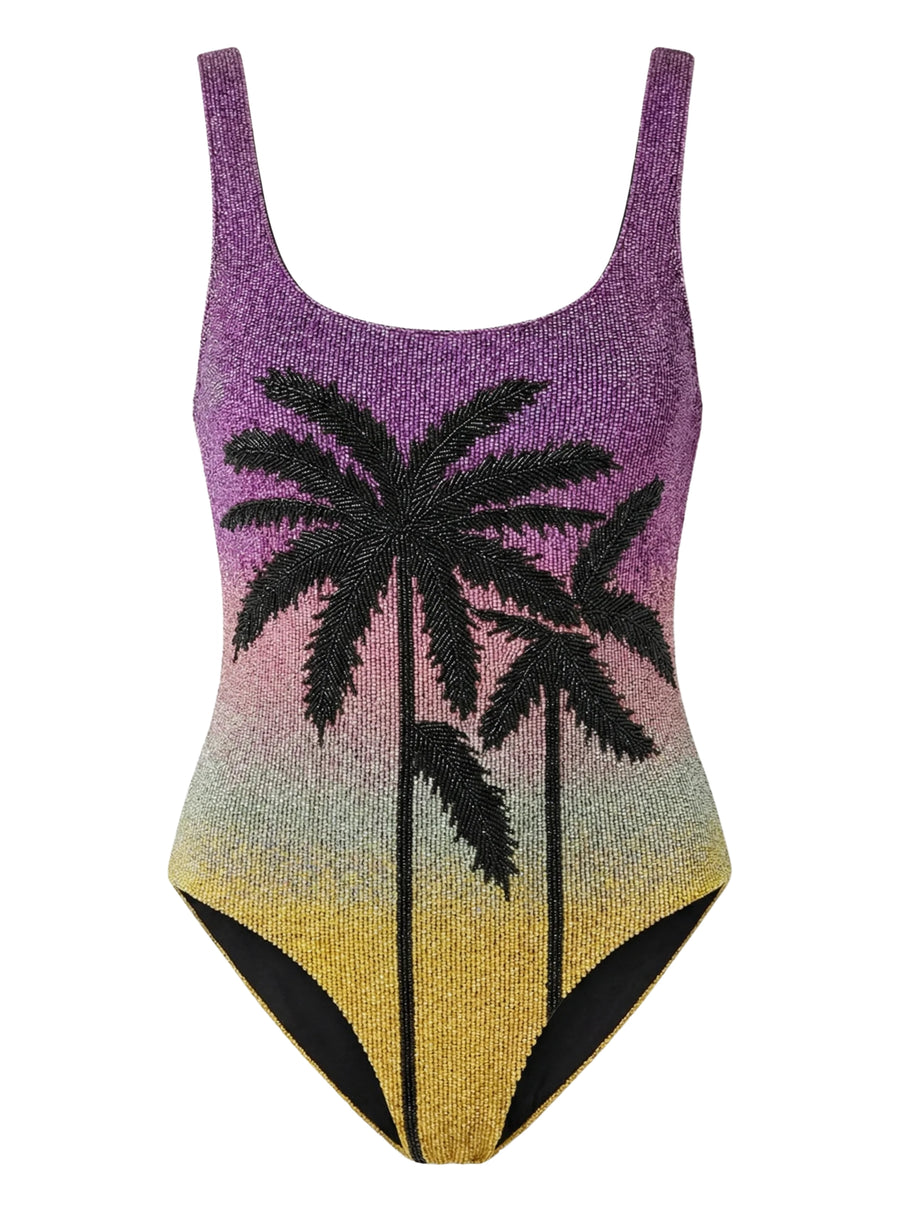 Palm Dusk Scoop Swimsuit Black Palm Tree - Purple Ombre in Stock