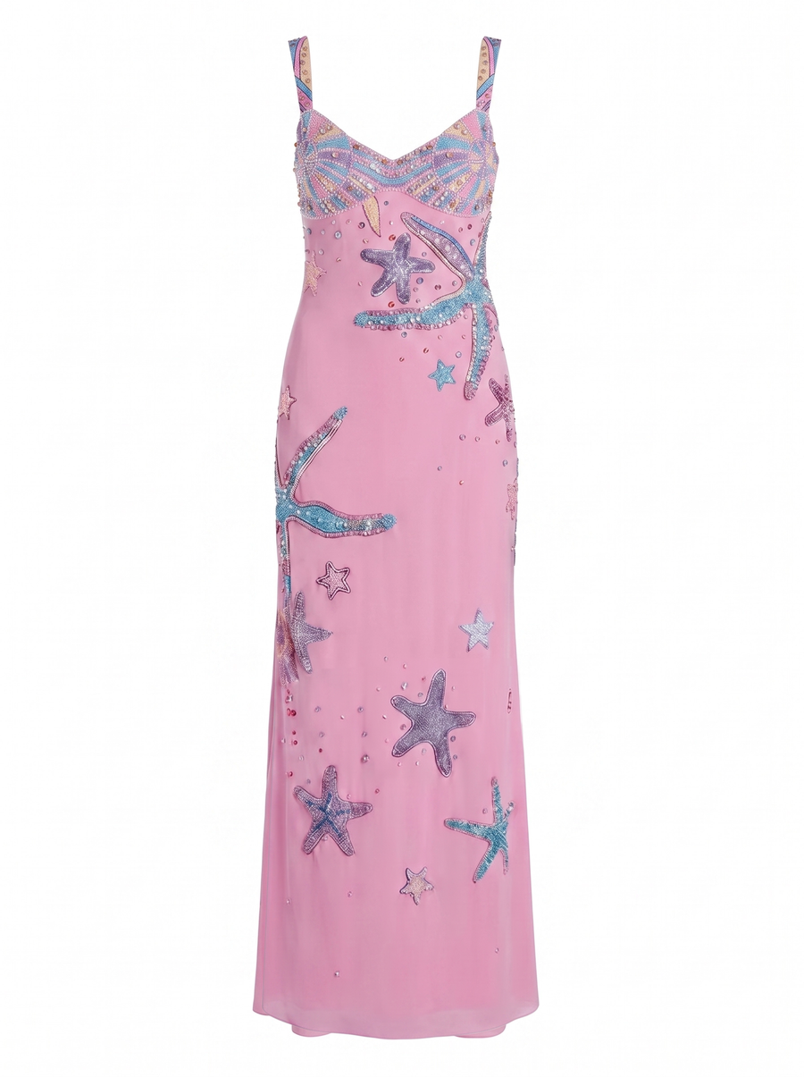 Crescent Shell Hand-Beaded Pink Long Dress in Stock