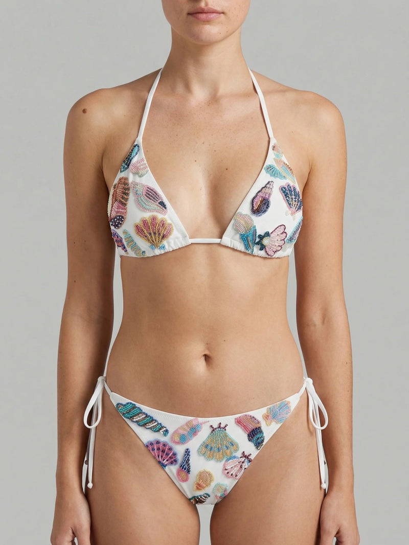 Oceanus x Zandra Rhodes Dreamshell Half Beaded White Bikini Bottom