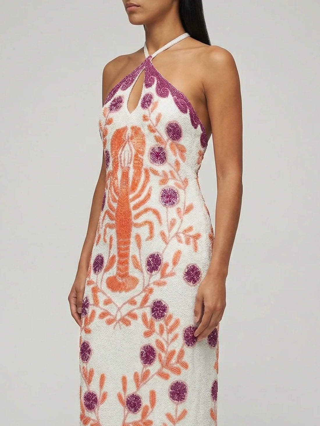 Lobster White Hand Beaded Maxi Dress