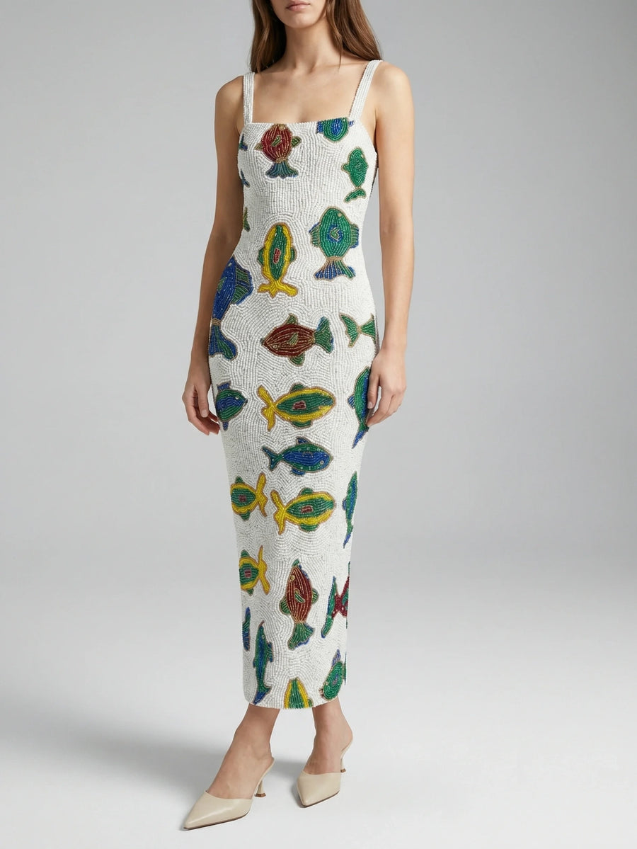 Tropical Fish Beaded Long Dress