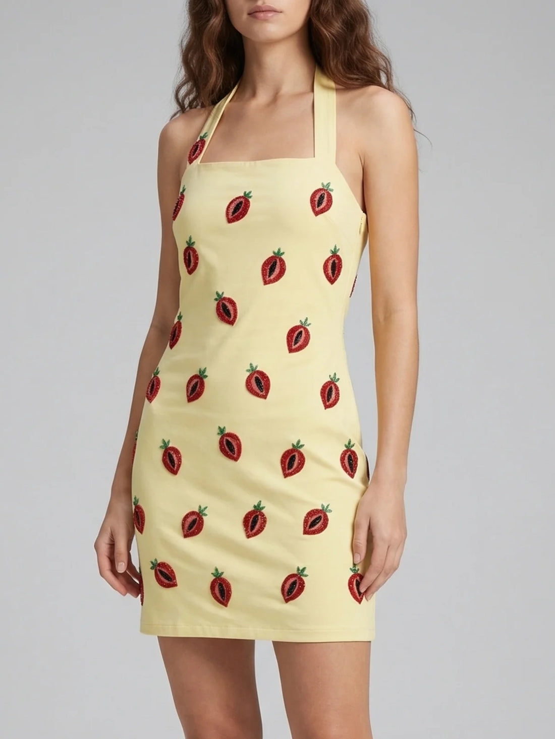 Strawberry Beaded Yellow Mini Dress