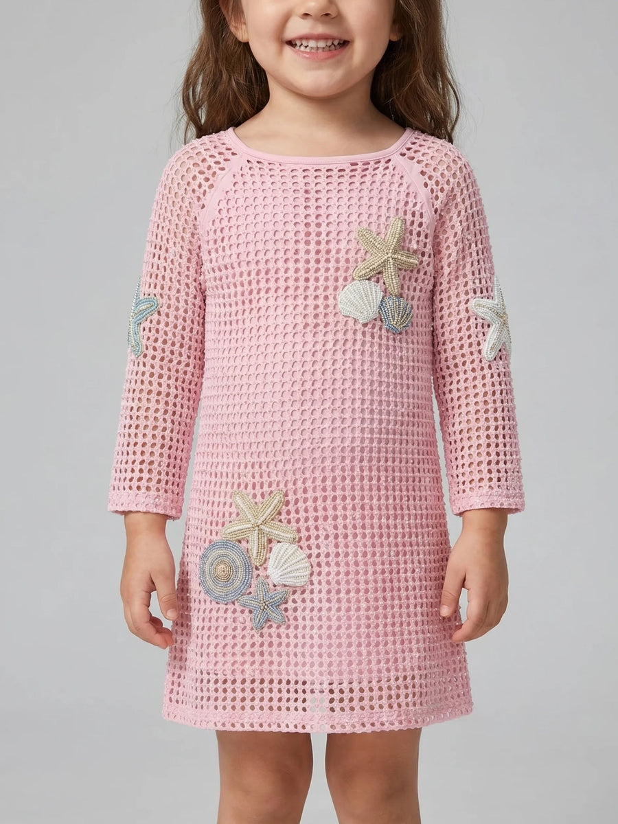 Pink Sea Shell Kids Crochet Dress, 1-2 years