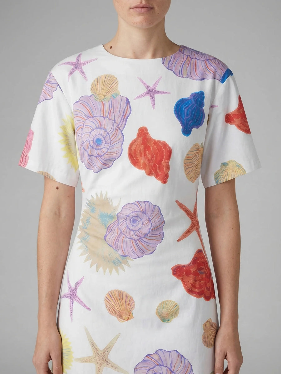 Oceanus Floral Print White Long Dress